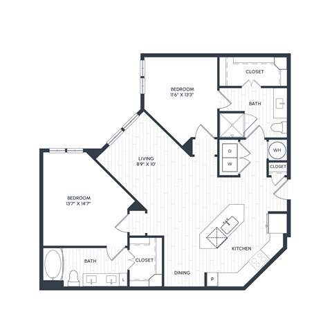 Floor plan for 2 beds, 2 baths, 1191 sqft